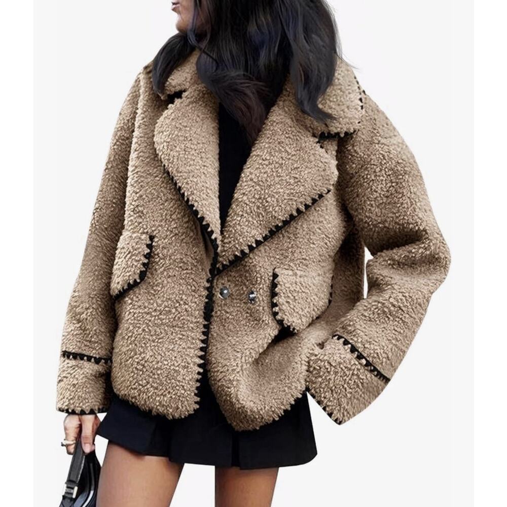 Cicy Bell Womens Sherpa Fleece Jacket Casual Collar V Neck Fuzzy Coats Khaki XXL